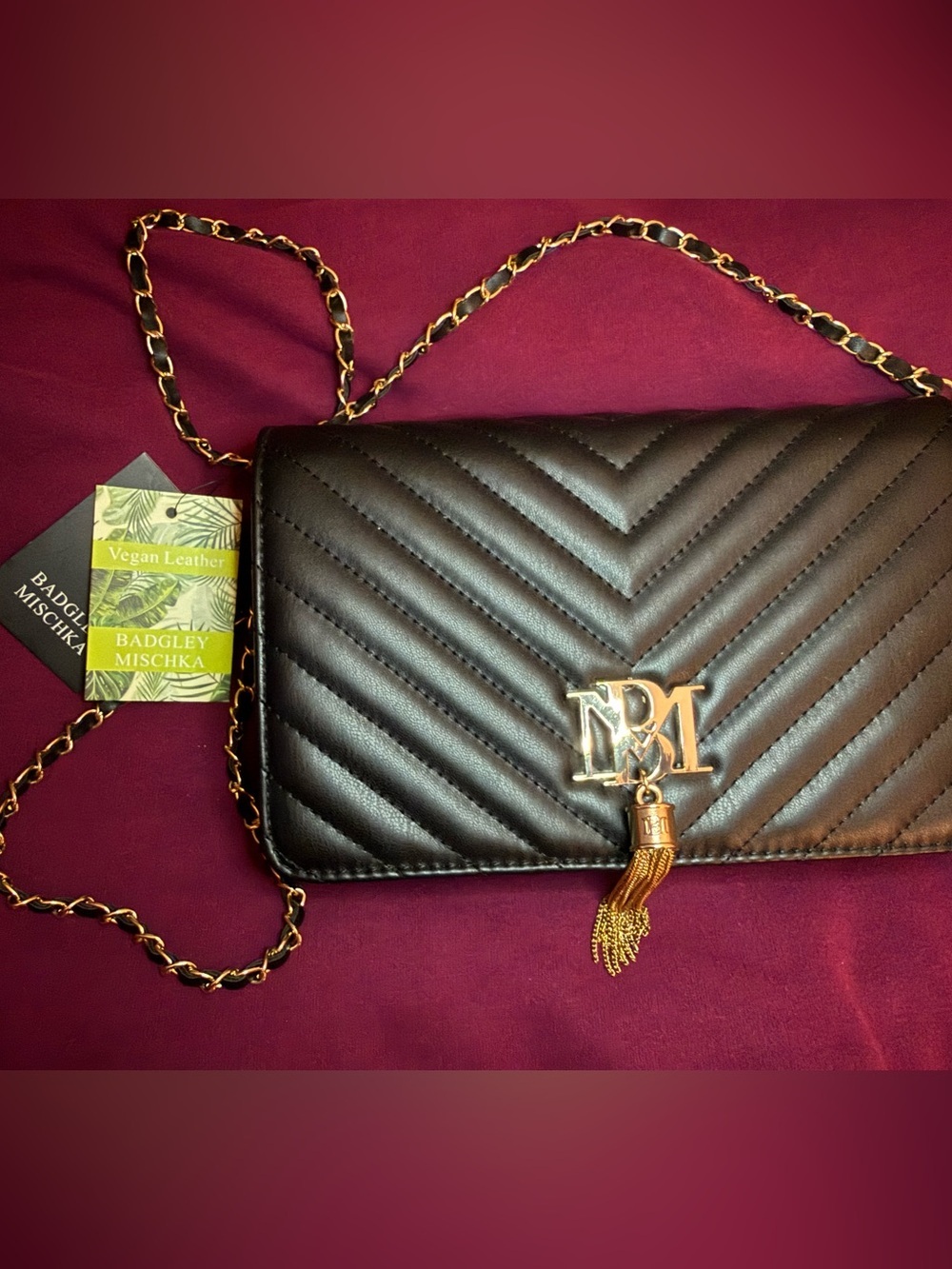 Badgley Mischka Black Quilted Crossbody with Gold Chain and Tassel
